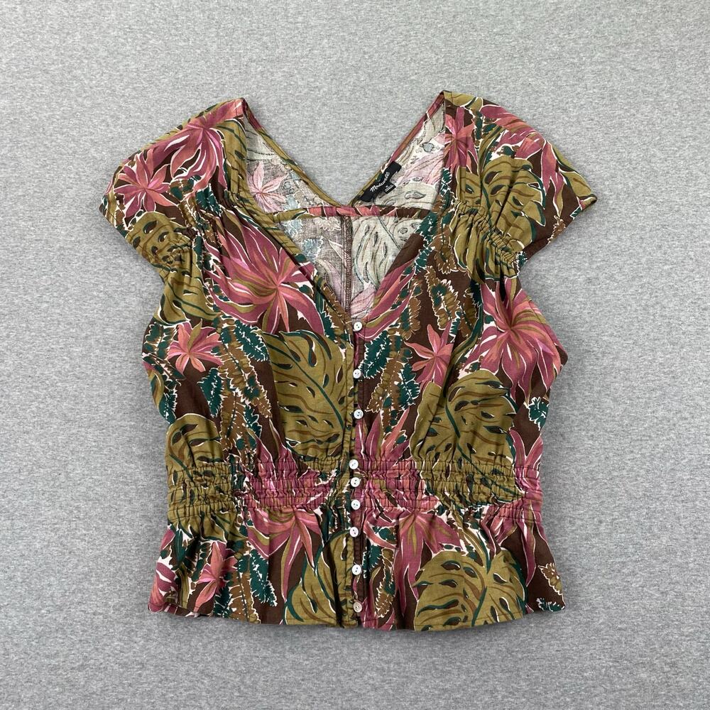 Madewell Top Womens M Green Pink Tropical Floral Linen Blend Cap Sleeve Summer